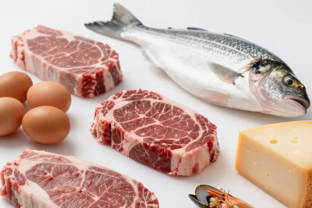 Platos con carnes magras, pescado, huevos y queso, principales fuentes de proteínas animales en la dieta cetogénica.