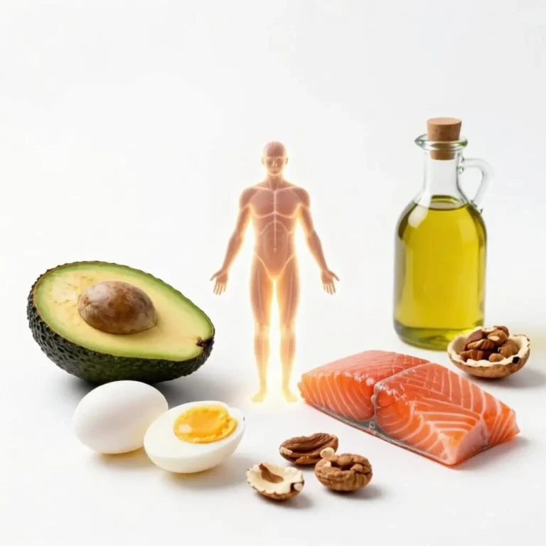 Persona siguiendo una dieta cetogénica con alimentos ricos en grasas saludables y explicación visual de la cetosis.