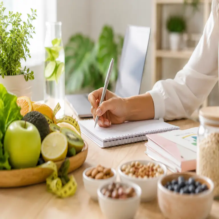 Nutricionista respondiendo consultas sobre alimentación saludable y bienestar desde una oficina luminosa.
